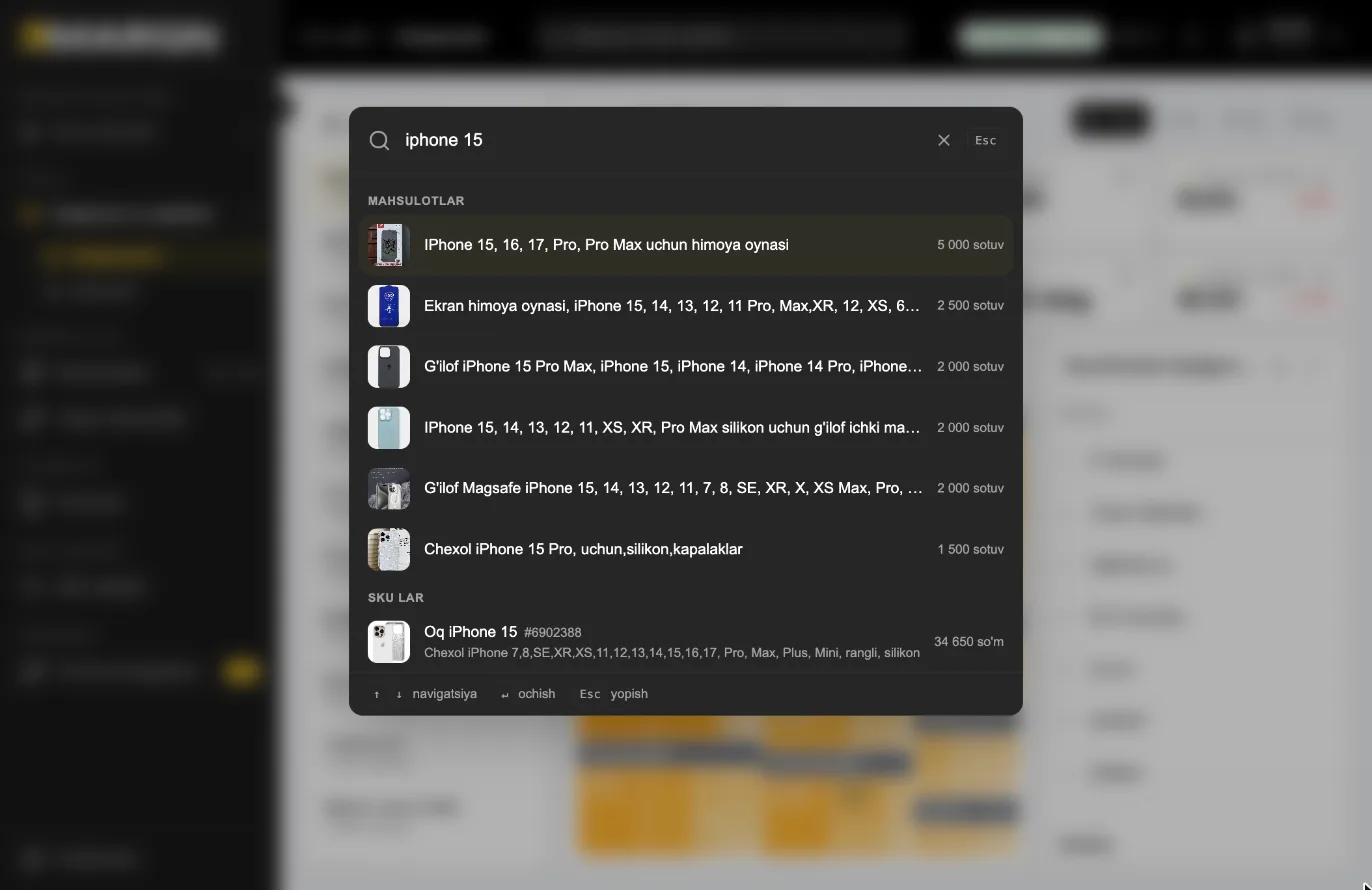 Step 1. On any page press Ctrl + K (⌘ + K on Mac) or click the search bar at the top. Type a name, SKU, ID or store name.