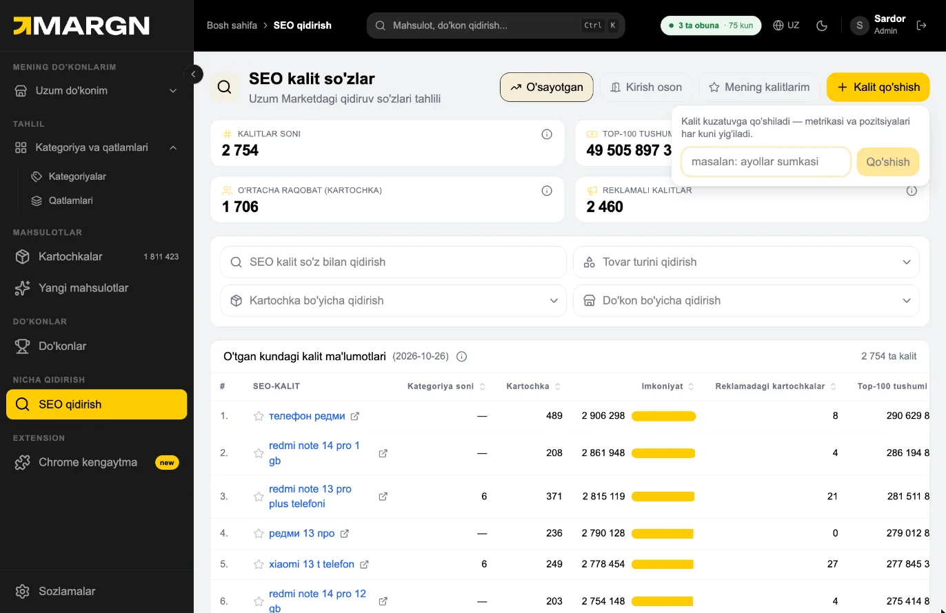 Step 7. Kalit qo'shish adds a missing query to tracking; metrics and positions are collected daily.