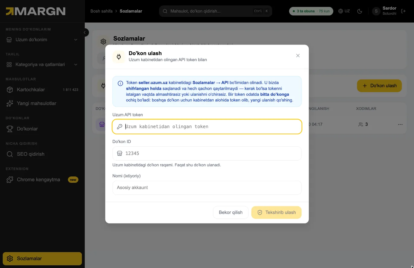 Step 3. Get the token in your seller.uzum.uz account under Settings → API. MARGN stores it encrypted and never shows it again.