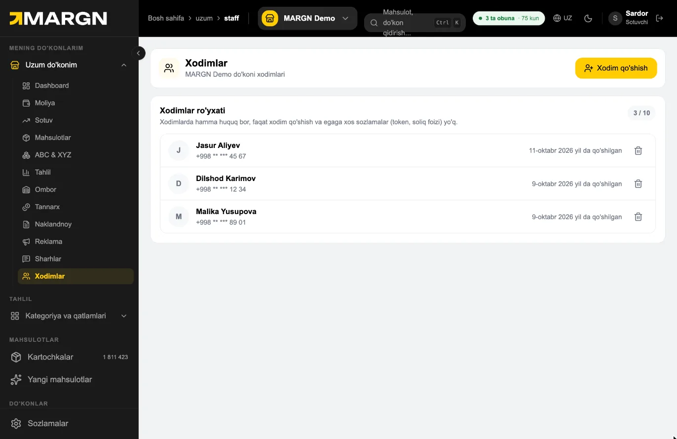 Step 1. Xodimlar lists everyone with access to your store. The limit is at the top right.