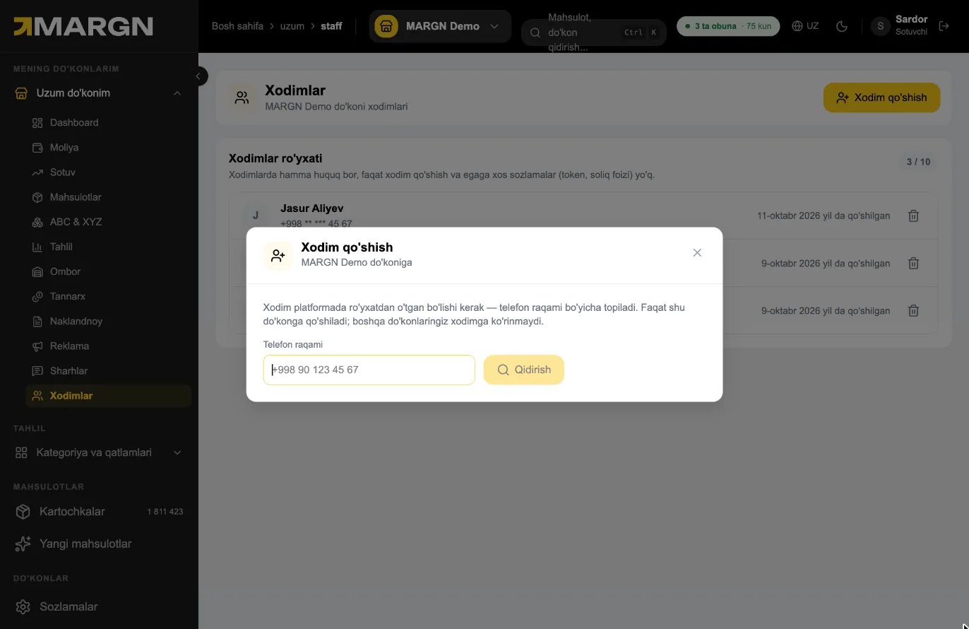 Step 3. Your teammate must have a MARGN account — enter their phone number and click Qidirish.